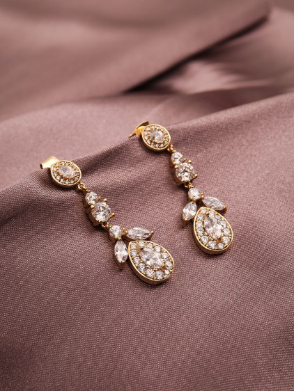 Zircon Taşlı Sallantılı Gold Renk Abiye Küpe