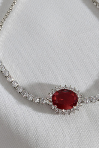 Oval Kırmızı Zircon Taşlı Anturaj Gümüş Renk Su Yolu Asansörlü Bileklik