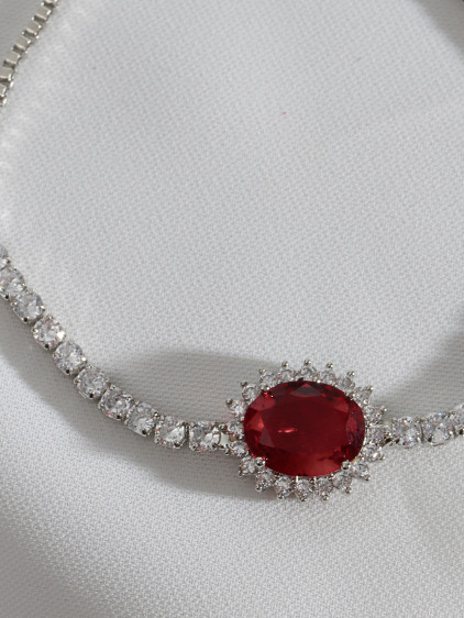 Oval Kırmızı Zircon Taşlı Anturaj Gümüş Renk Su Yolu Asansörlü Bileklik