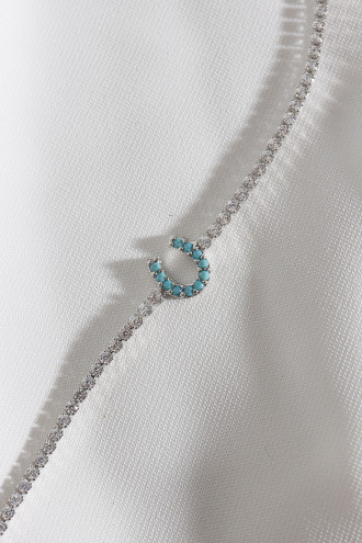 Mavi Taşlı At Nalı Figürlü Zircon Taşlı Gümüş Renk Suyolu Bileklik