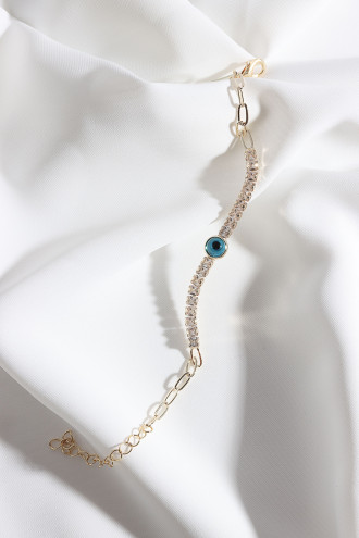 Kare Küçük Zircon Taşlı Nazar Boncuklu Gold Renk Zincir Bileklik