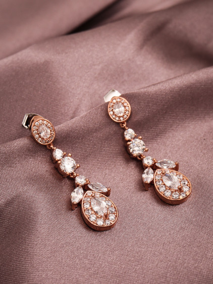 Zircon Taşlı Sallantılı Rose Abiye Küpe