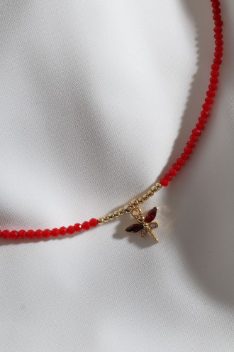 Kırmızı Boncuklu Yusufcuk Uç Gold Renk Kolye