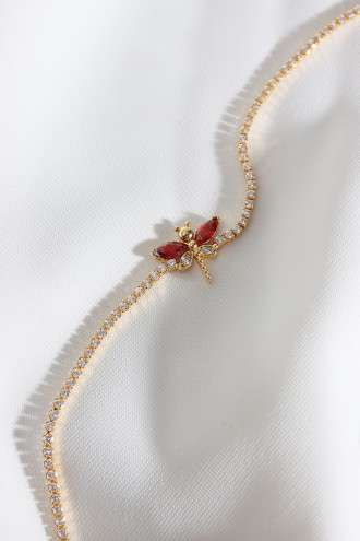 Kırmızı Taşlı Yusufçuk Figürlü Zircon Taş Gold Renk Suyolu Bileklik