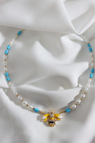 Arı Fügür Mavi Fimo Detaylı İnci Kolye