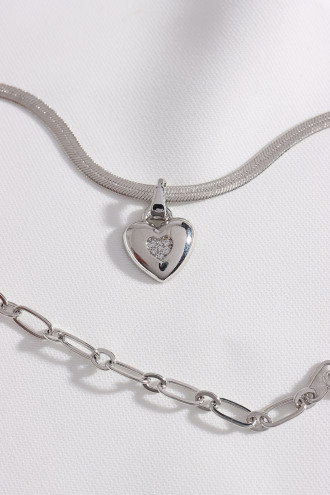 2'Li Ezme Italyan Zincirli Kalp Uçlu Gümüş Renk Kolye