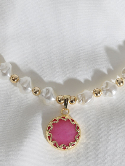 Gold Renk Pembe Taşlı Inci Kolye