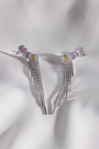 Renkli Baget Taşlı Sallantılı Uzun Süzme Abiye Küpe