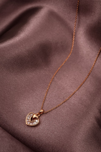 Baget Taşlı Rose Kalp Kolye