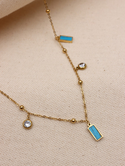 Mavi Mineli Charm Gold Renk Çelik Kolye Mavi Mineli Charm Gold Renk Çelik Kolye