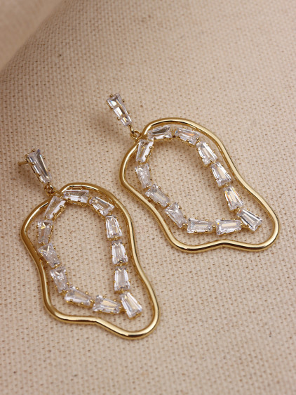Zircon Trapez Taşlı Gold Renk Abiye Küpe