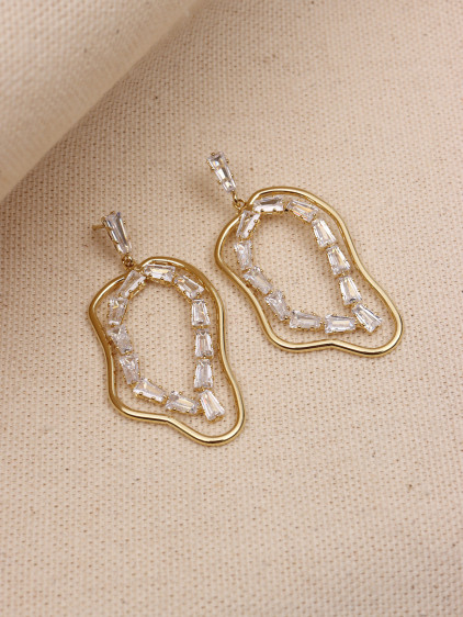 Zircon Trapez Taşlı Gold Renk Abiye Küpe