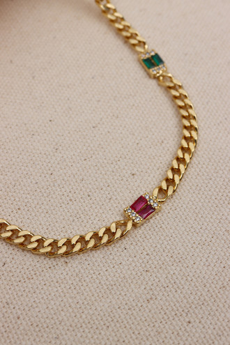 Renkli Baget Taşlı Gold Renk Zincir Kolye Renkli Baget Taşlı Gold Renk Zincir Kolye