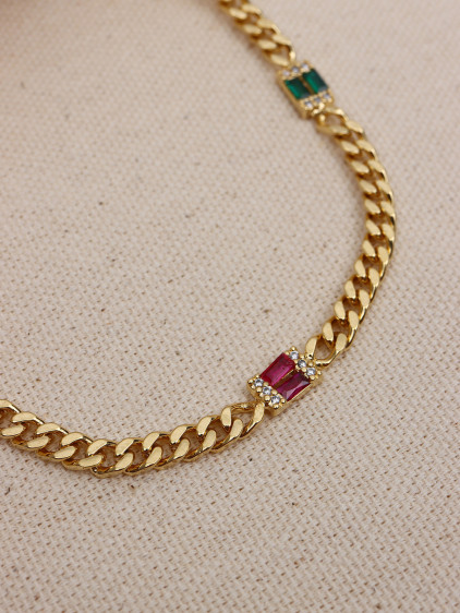 Renkli Baget Taşlı Gold Renk Zincir Kolye Renkli Baget Taşlı Gold Renk Zincir Kolye