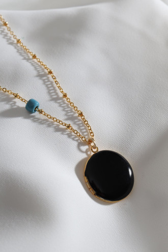 Siyah Mineli Kapaklı Çift Taraflı Kullanıma Uygun Yuvarlak Gold Kolye