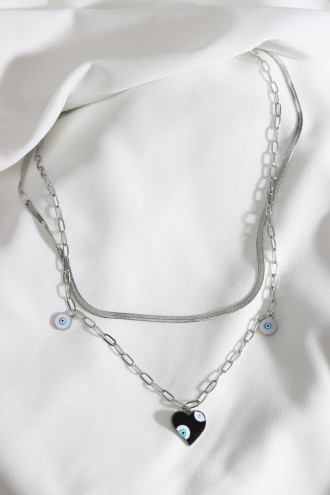 2'Li Kalp Figür Gümüş Renk Çelik Kolye 2'Li Kalp Figür Gümüş Renk Çelik Kolye