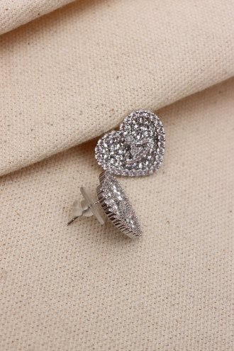 Zircon Taşlı Gümüş Renk Kalp Figür Vip Küpe