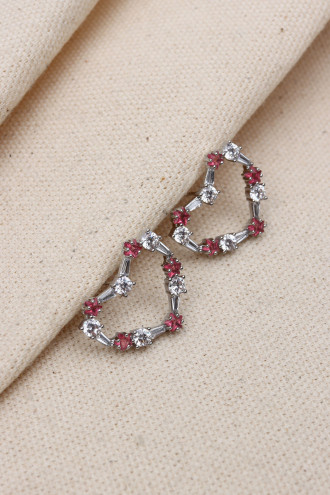 Pembe Taş Detaylı Gümüş Renk Kalp Figür Vip Küpe