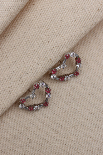 Pembe Taş Detaylı Gümüş Renk Kalp Figür Vip Küpe