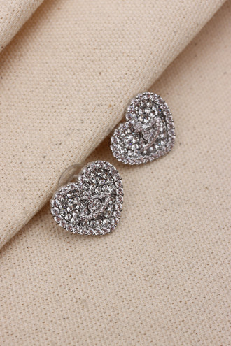 Zircon Taşlı Gümüş Renk Kalp Figür Vip Küpe