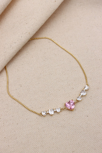 Pembe Kalp Taşlı Gold Renk Asansörlü Vip Bileklik