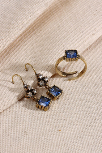 KARE TAŞLI YÜZÜK-KÜPE OTANTİK SET