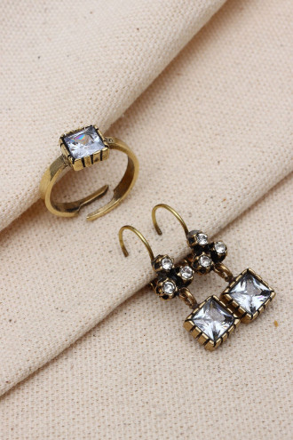 KARE TAŞLI YÜZÜK-KÜPE OTANTİK SET