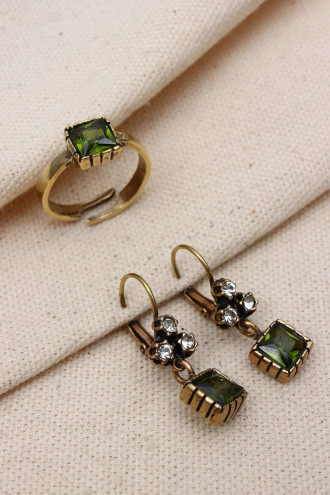 KARE TAŞLI YÜZÜK-KÜPE OTANTİK SET