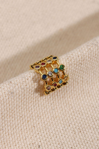 Renkli Taşlı 4 Şeritli Gold Kıkırdak Küpe