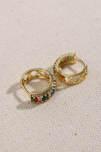 Renkli Baget Taşlı Gold Renk Halka Küpe