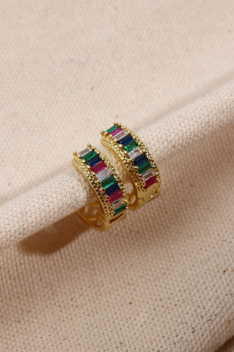 Renkli Baget Taşlı Gold Renk Halka Küpe