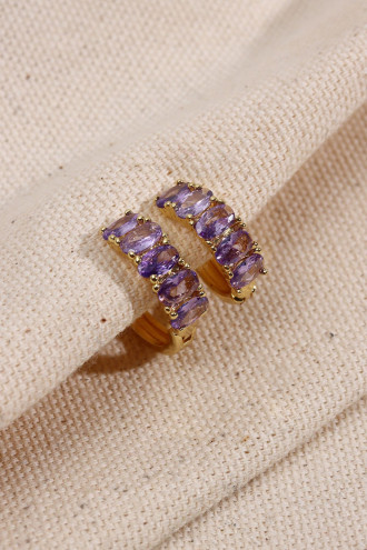 Mor Oval Taşlı Gold Renk Halka Küpe