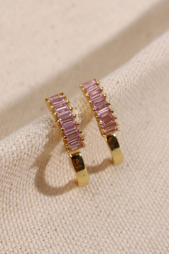 Pembe Baget Taşlı Gold Halka Renk Küpe