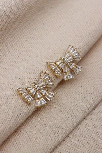 Trapez Taşlı Gold Renk Fiyonk Küpe