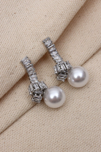 Baget Taşlı Düğüm Model İnci Sallantılı Gümüş Renk Abiye Küpe