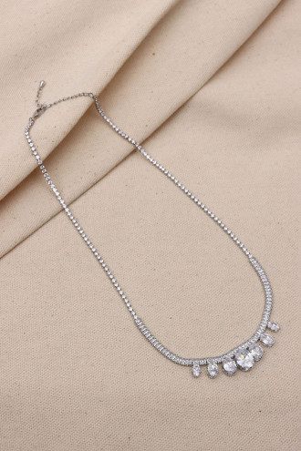 Oval Taşlı Gümüş Renk Abiye Su Yolu Kolye