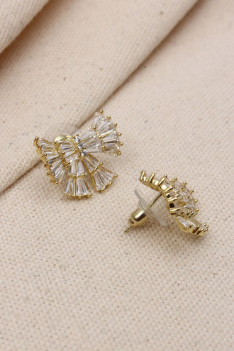 Trapez Taşlı Gold Renk Fiyonk Küpe