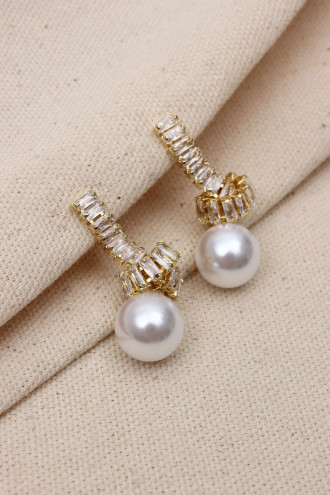 Baget Taşlı Düğüm Model İnci Sallantılı Gold Renk Abiye Küpe