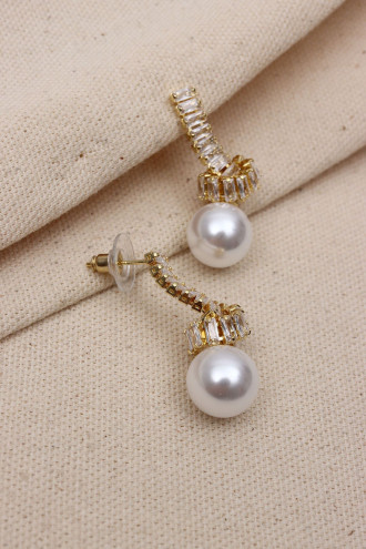 Baget Taşlı Düğüm Model İnci Sallantılı Gold Renk Abiye Küpe