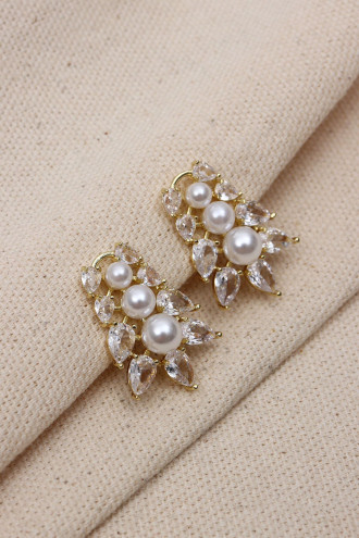 İnci Detaylı Gold Renk Taşlı Abiye Küpe