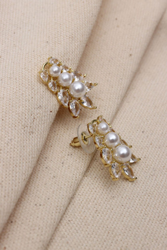 İnci Detaylı Gold Renk Taşlı Abiye Küpe