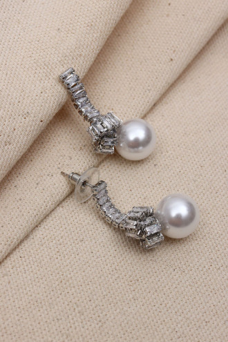 Baget Taşlı Düğüm Model İnci Sallantılı Gümüş Renk Abiye Küpe