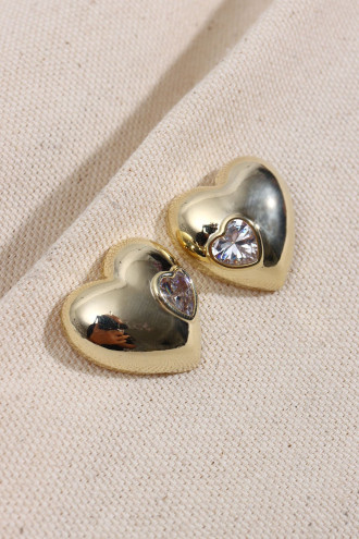 Taş Detaylı Dolgulu Kalp Figür Gold Küpe