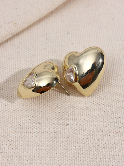 Taş Detaylı Dolgulu Kalp Figür Gold Küpe Taş Detaylı Dolgulu Kalp Figür Gold Küpe