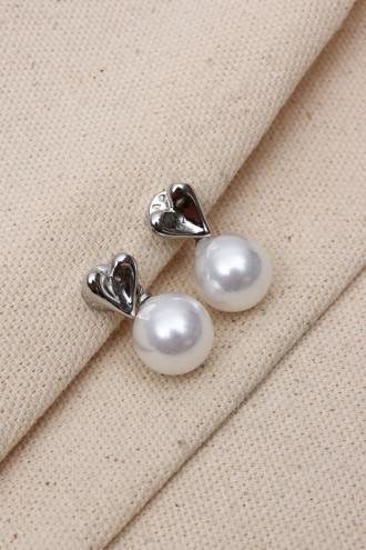 Kalp Figürlü Gümüş Renk İnci Küpe