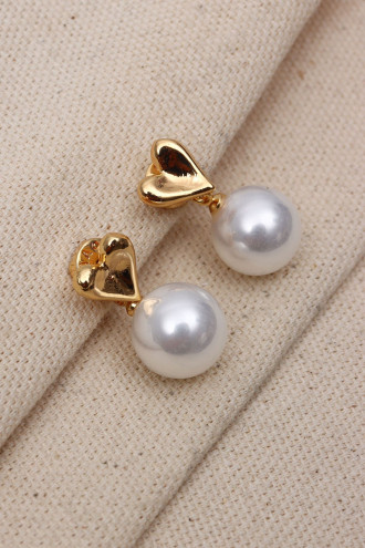 Kalp Figürlü Gold Renk İnci Küpe