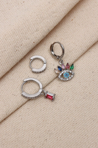 Göz Figürlü Gümüş Renk 3'lü Vip Küpe Göz Figürlü Gümüş Renk 3'lü Vip Küpe