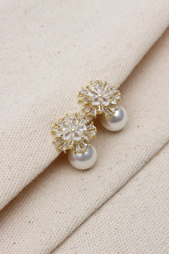 Trapez Taşlı Çiçek Figürlü Gold Renk İnci Küpe