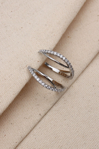 Çift Şeritli Gümüş Renk Zircon Taşlı Halka Küpe