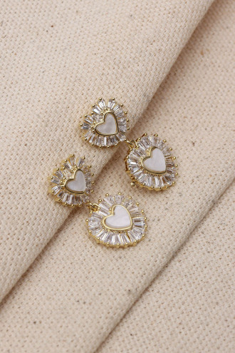 Beyaz Sedefli Kalp Figür Trapez Taşlı Gold Renk Küpe